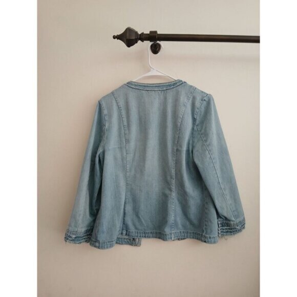 Chicos Size 1 Open Front Demin Jacket Cardigan Boho Frayed Jean Blazer - Picture 5 of 5